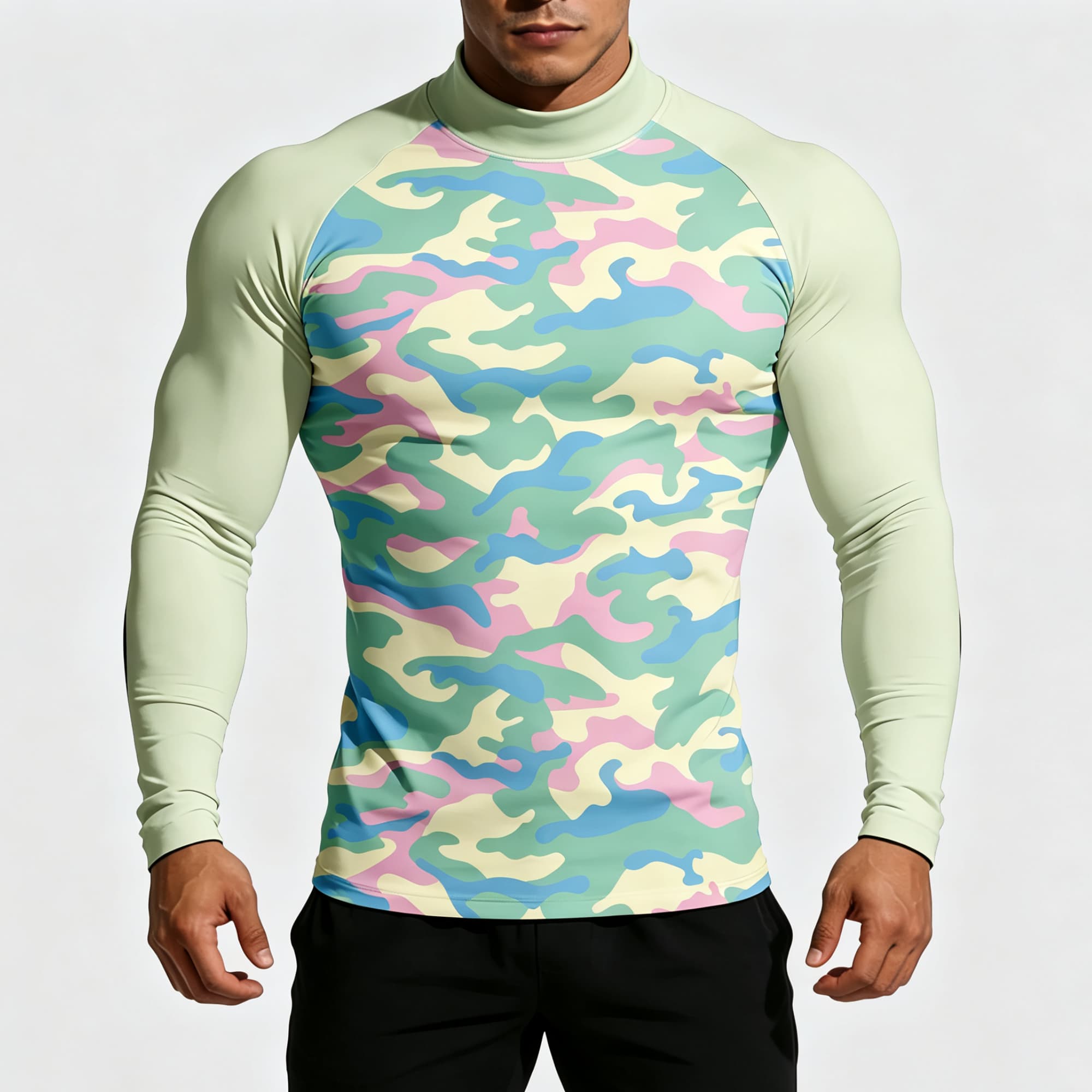 Base Layer Top - 남성용 파스텔 카모플라주 프린트 모크넥 긴소매